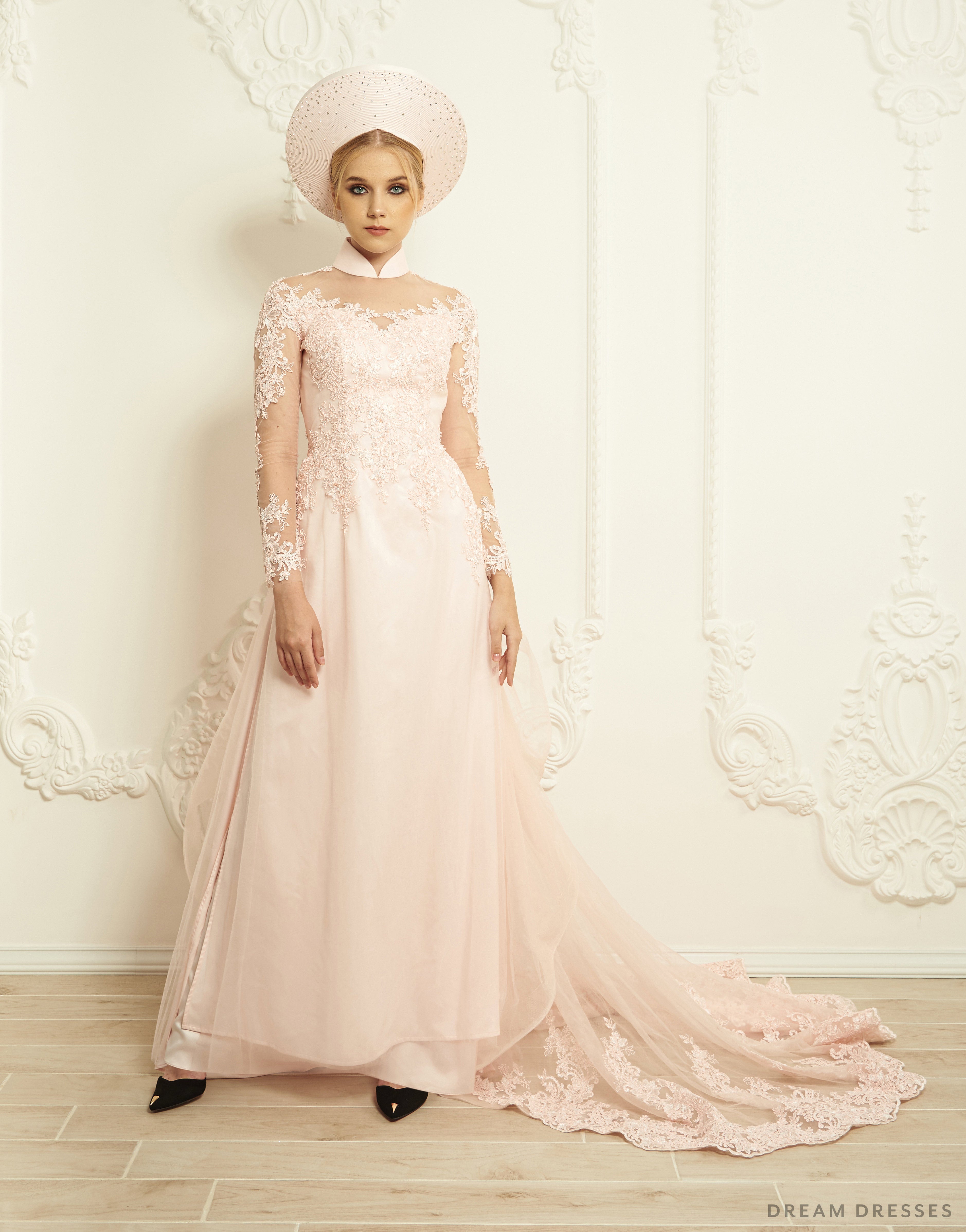 Princess Long Sleeve Wedding Dress,Blush Pink Bridal Gown,WD00972 -  Wishingdress